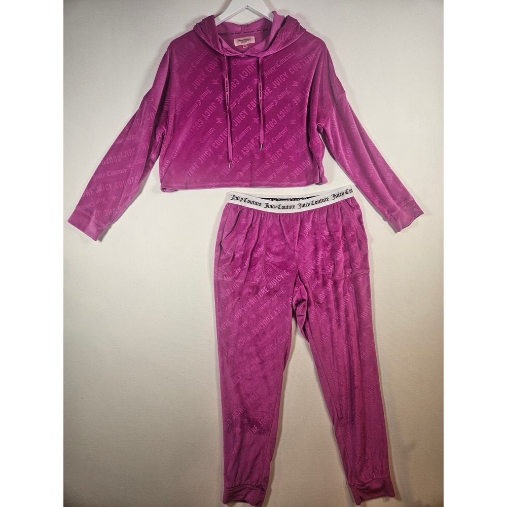 Juicy Couture Tracksuit Women M Purple Velour Y2K Logo Hoodie Jogger Set Lounge